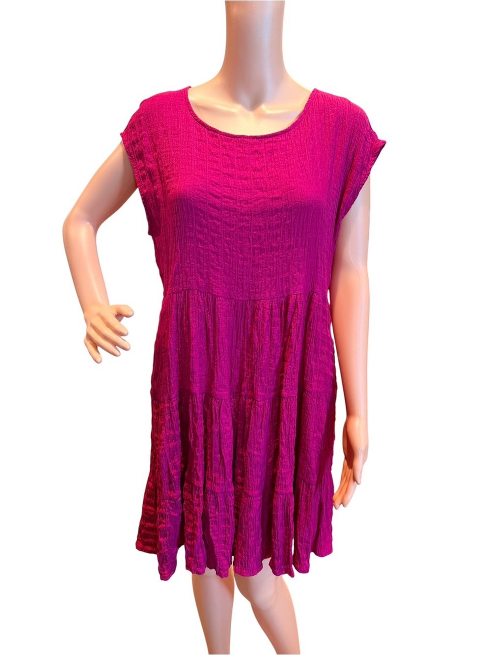 Fuchsia Crinkle Gauze Tiered Ruffled Babydoll Short Sleeve Dress Size Medium